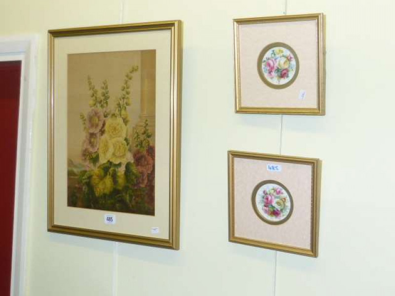 Gilt framed Baxter print 'Hollyhocks' and pair framed floral painted porcelain plaques (3)
