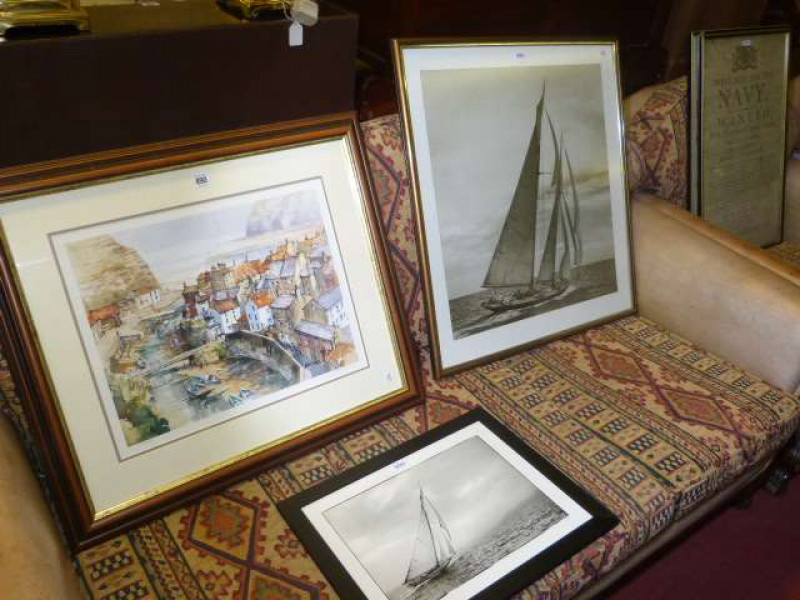 John Sibson limited edition print, two framed yachting photographs and two framed Naval notices (5)