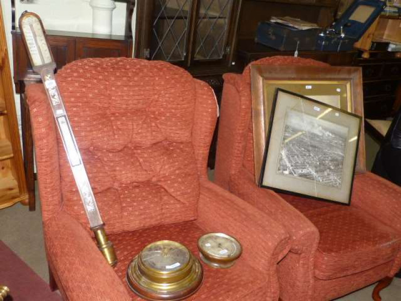 Antique rosewood stick barometer, two circular barometers and framed aerial photograph (4)
