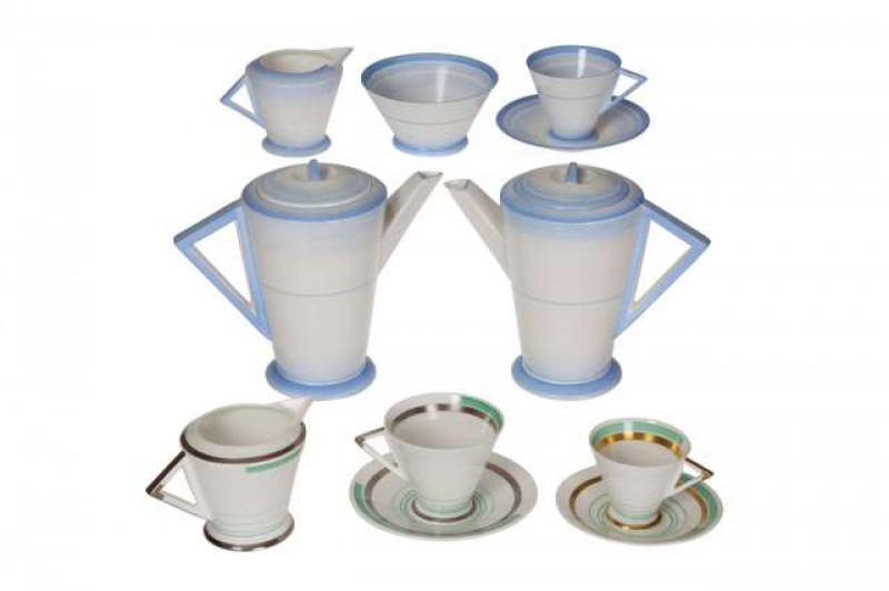 A collection of Art Deco Shelley Eve shape coffee wares, including two blue banded and shaded tapering coffee pots, with angular handles. (29)
