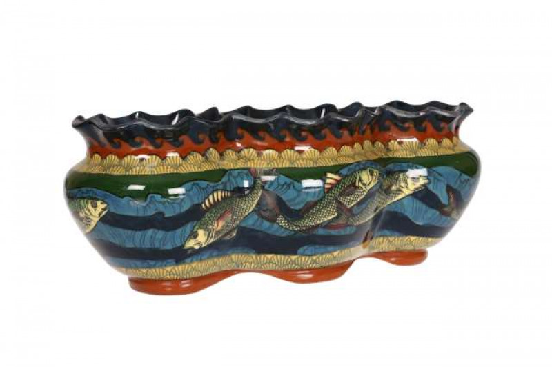 A Foley 'Intarsio' jardiniere, of lobed rectangular form with undulating rim above a painted frieze of fish, no. 3176, black printed factory mark, (a/f). 16cm high, 42cm wide