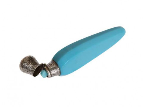 A Victorian turquoise glass scent flask, the tapering faceted body with...