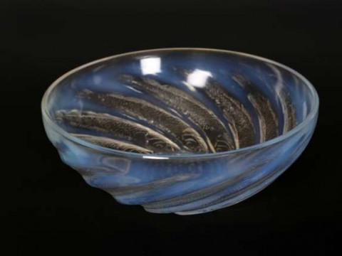 Poissons', a Lalique opalescent glass bowl, the exterior moulded with...