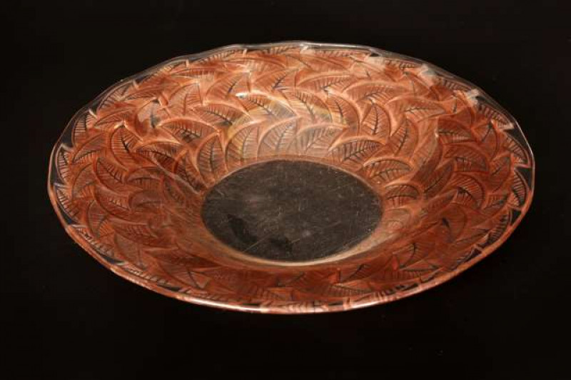 Ormeaux', a Lalique bowl (coupe ouverte), moulded verso with bands of leaves and heightened with sepia staining, etched R. LALIQUE FRANCE. 33cm