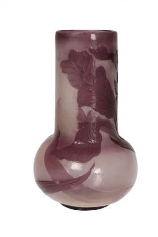 Emile Galle, Nancy, an 'Iris' fire polished cameo glass vase, purple overlaid with the flower against a clear ground, signed Galle. 16cm
