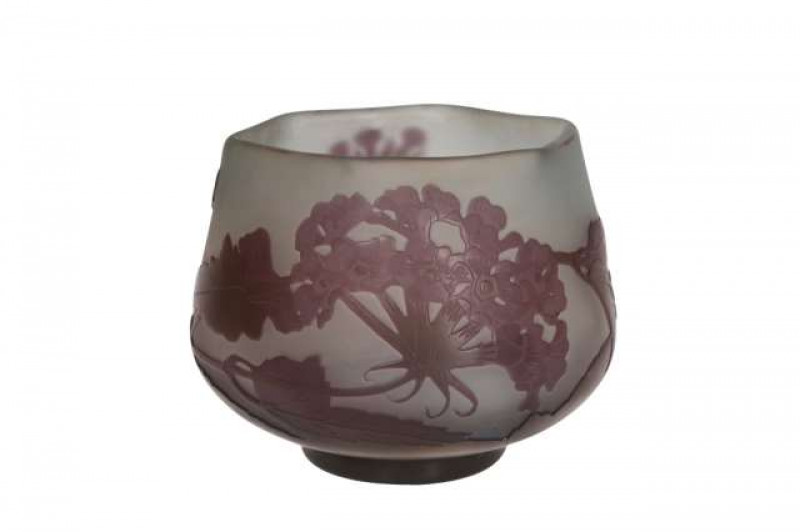 Emile Galle, Nancy, a 'Primeveres' cameo glass vase, c.1906-14, purple overlaid with Primulas, signed Galle. 9.5cm