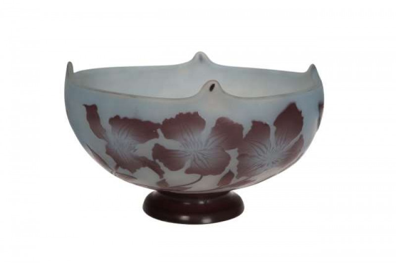 Emile Galle, Nancy, a cameo glass bowl, c.1906-14, purple overlay of Clematis against a light blue ground, signed Galle. Diameter 20cm