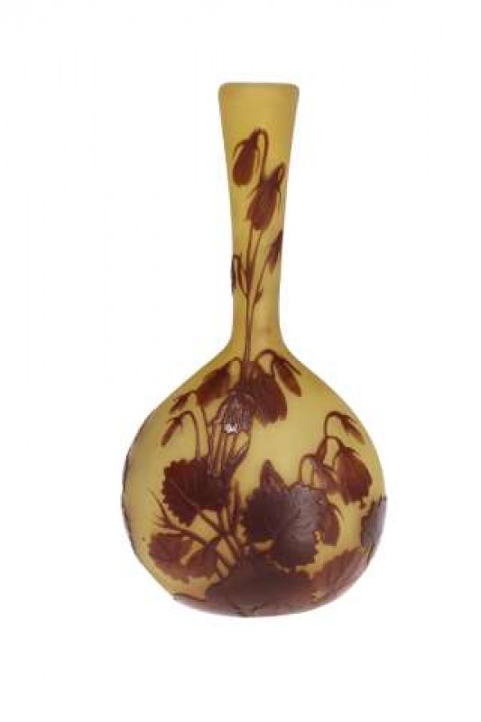 Emile Galle, Nancy, a cameo glass vase, brown overlaid with fruiting foliage against a yellow ground, signed Galle. 16cm