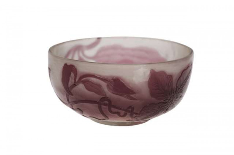 Emile Galle, Nancy, a 'Clematis' fire polished cameo glass bowl, c.1904-5, purple overlaid with the flower against clear ground, signed Galle with a star. Diameter 12cm