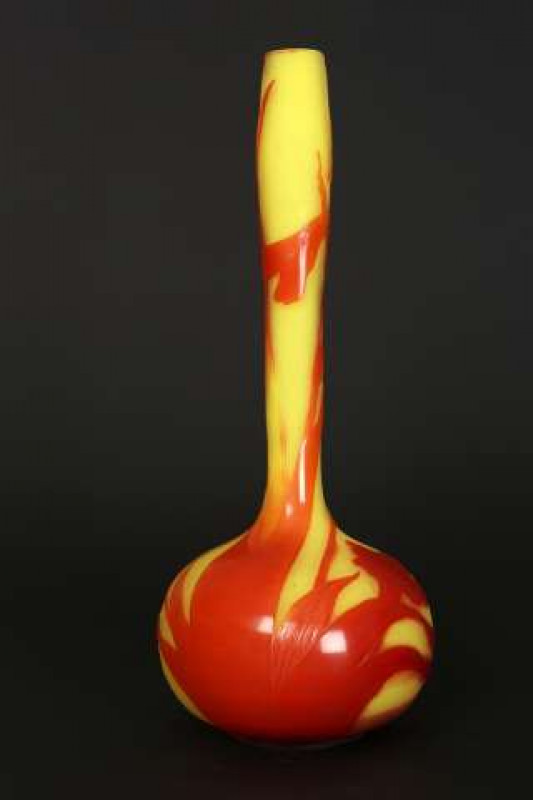 Emile Galle, Nancy, a cameo glass solifleur vase, c.1906-14, overlaid with Campanula against a yellow ground, signed Galle. 16cm