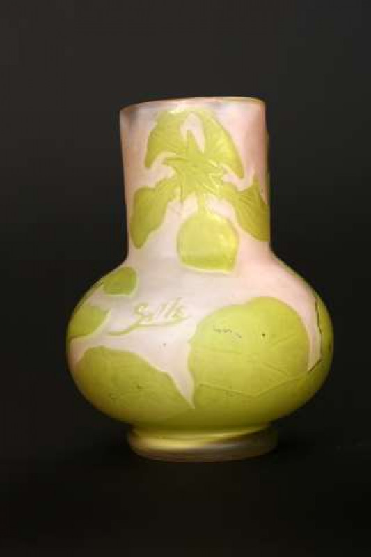 Emile Galle, Nancy, a 'Capucines' cameo glass vase, c.1906-14, green overlaid with the flower against a salmon pink ground, signed Galle. 9cm