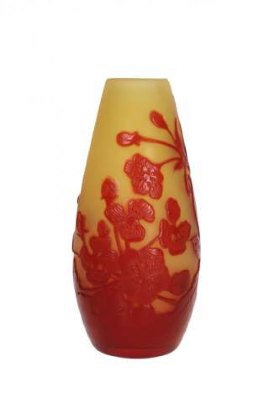 Emile Galle, Nancy, a cameo glass solifleur vase, red overlaid with flowers against a yellow ground, signed Galle. 10cm
