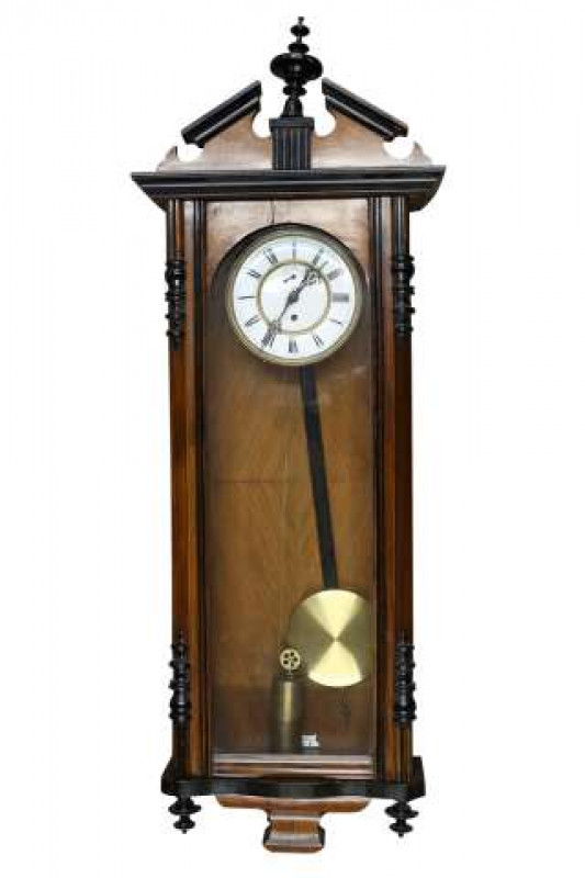 A 19th Century walnut and ebonised Vienna wall clock, with single train movement, the white enamel dial with Roman numerals. 112cm