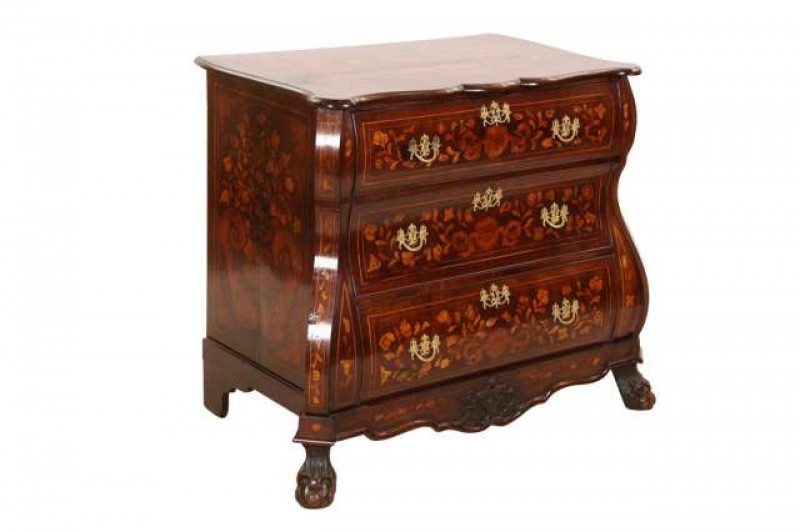 A Dutch floral marquetry and walnut bombe commode, probably 18th Century, the moulded serpentine top with shaped sides and front, profusely inlaid with an urn, bird and scrolling foliage, the sides similarly inlaid within a strung frame, the case fitted w