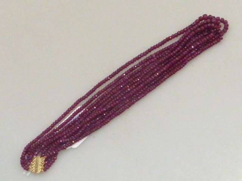 Five strand ruby bead necklace, length 46.5cm, 90 grams