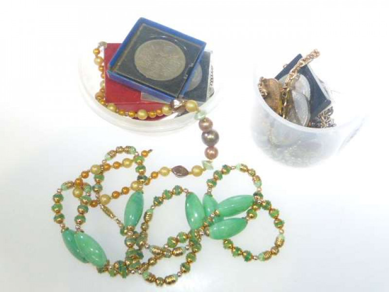 Rolled gold watch chain, costume jewellery, coins, etc
