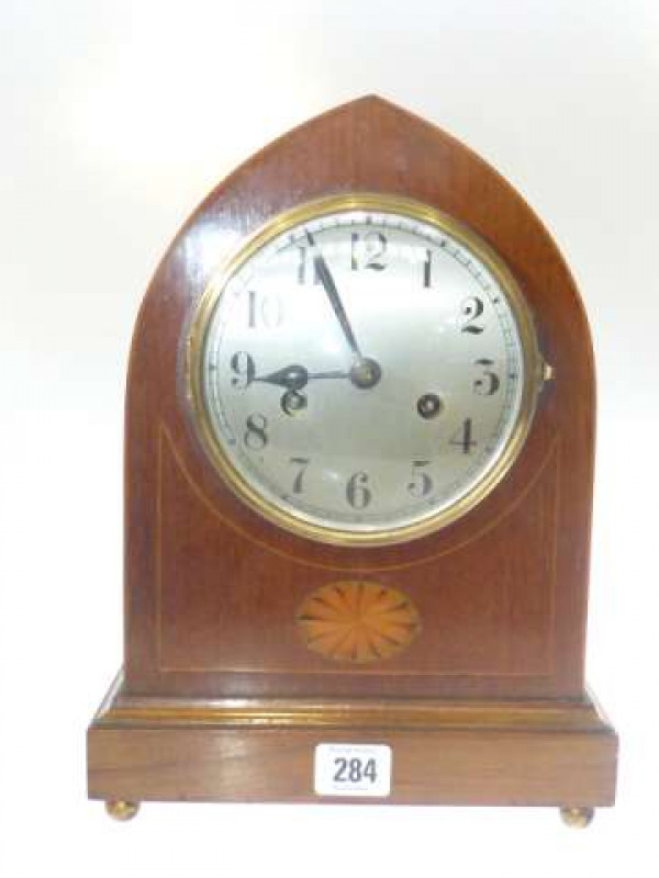 Edwardian inlaid two-train lancet clock