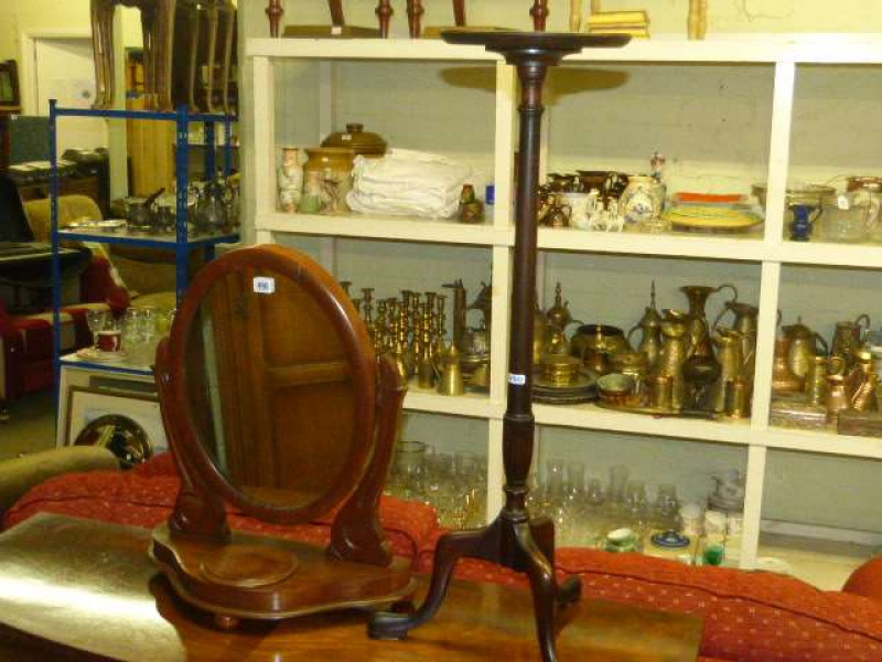 Victorian mahogany oval toilet mirror and mahogany tripod plant stand (2)