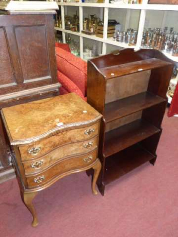 Walnut inverted serpentine front three drawer chest and three-tier waterfall bookcase (2)