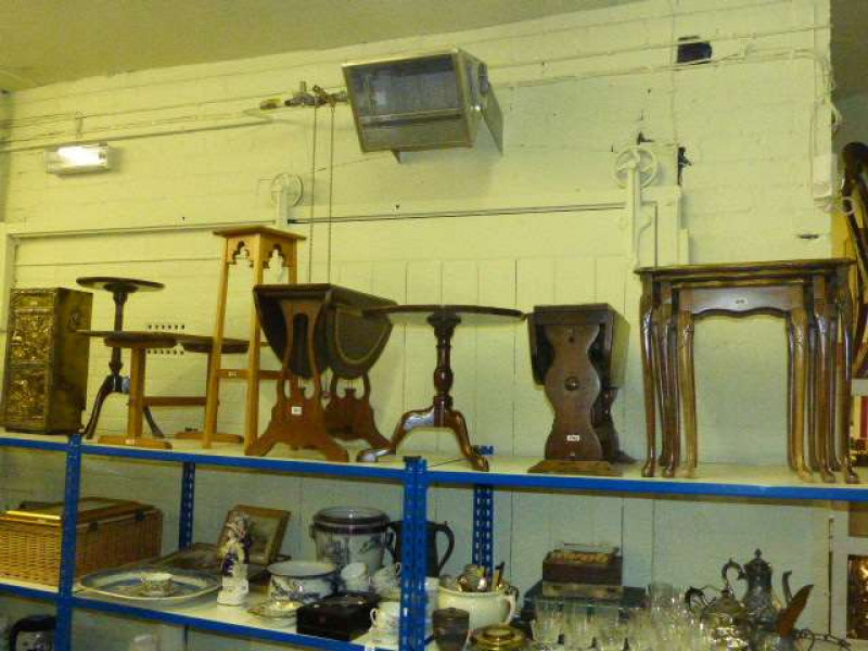 Walnut nest of three tables, five occasional tables, plant stand and brass stick stand (8)
