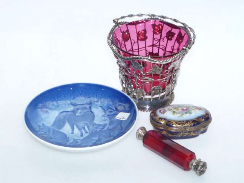 Elkingtons plate basket with ruby liner, double scent bottle, Sevres box and Copenhagen plate (4)
