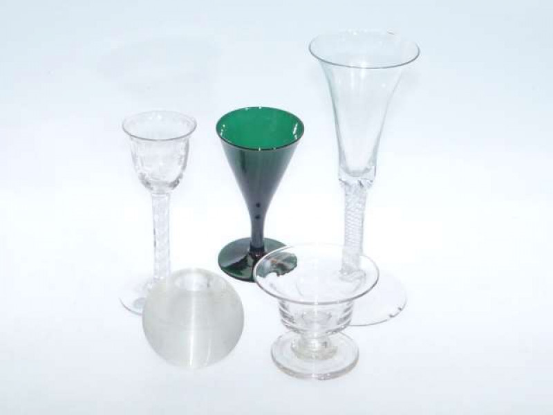 Three antique wine glasses (one cotton stem), match striker and salt (5)