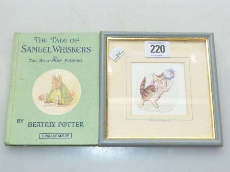 Small framed Beatrix Potter Miss Moppet and volume, The Tale of Samuel Whiskers