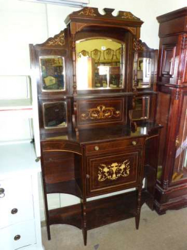 Victorian rosewood, satinwood and ivory inlaid mirror backed parlour cabinet