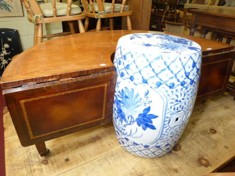 Mahogany demi lune low drop leaf table and blue and white pottery barrel stool (2)