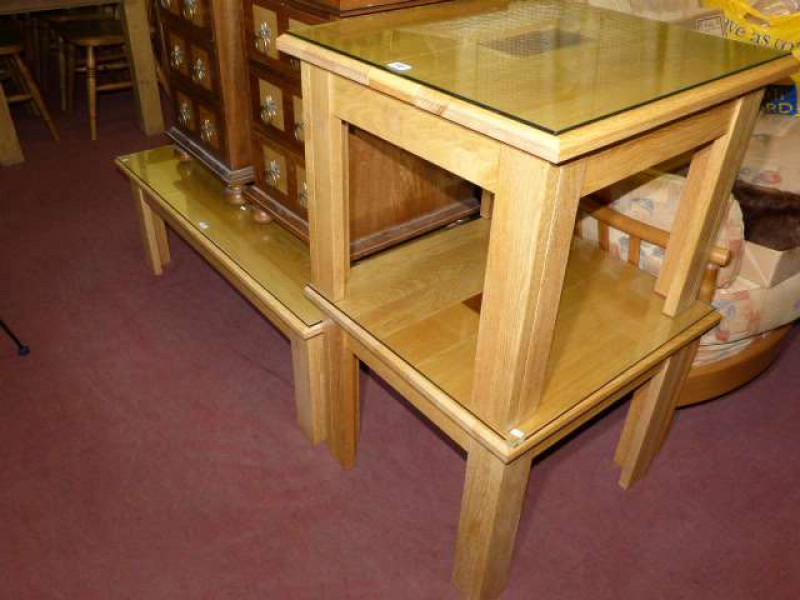 Bespoke light oak rectangular coffee table and pair of matching lamp tables