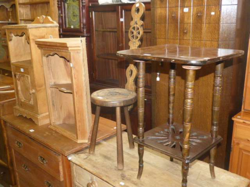 Pine pedestal, pine open corner wall cabinet, sewing chair, occasional table, low mahogany turned leg table, occasional chair and open cabinet (7)
