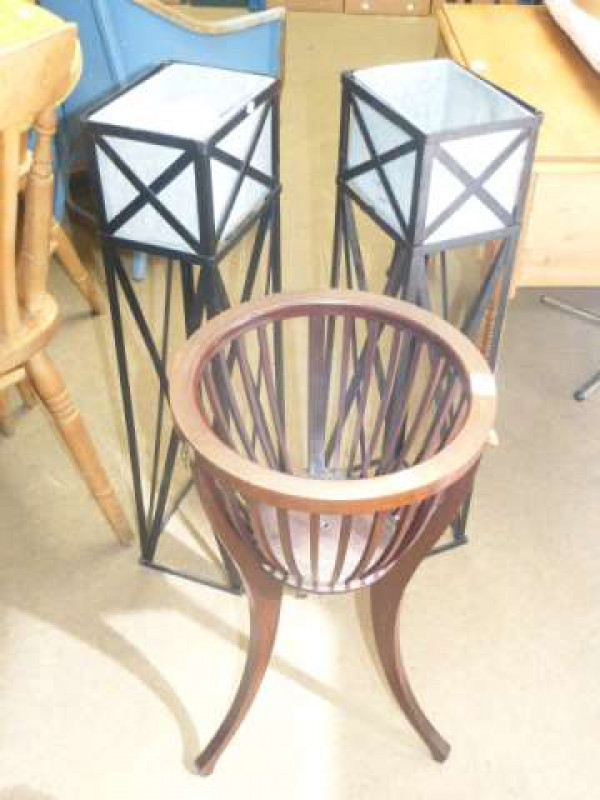 Mahogany jardiniere stand and pair wrought metal plant stands (3)