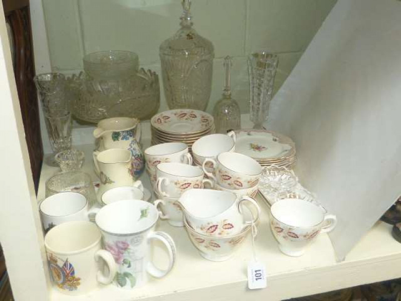 Cut glassware including pedestal bowl, lidded vase, bone china tea set, etc