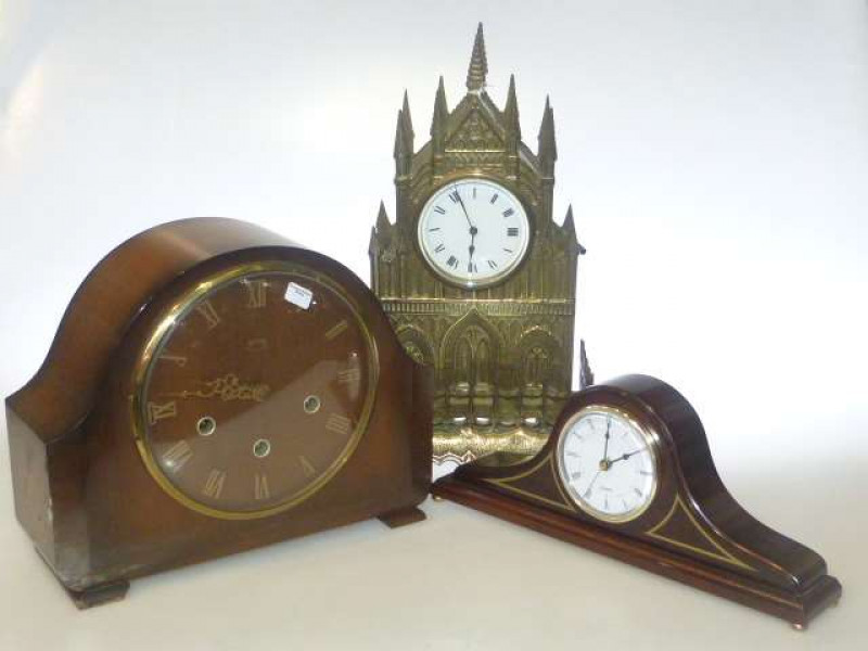 Brass Cathedral style mantel clock and two wood mantel clocks