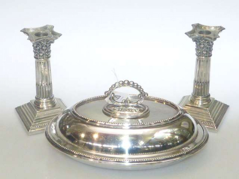 Pair of Corinthian column silver plated candlesticks and entree dish
