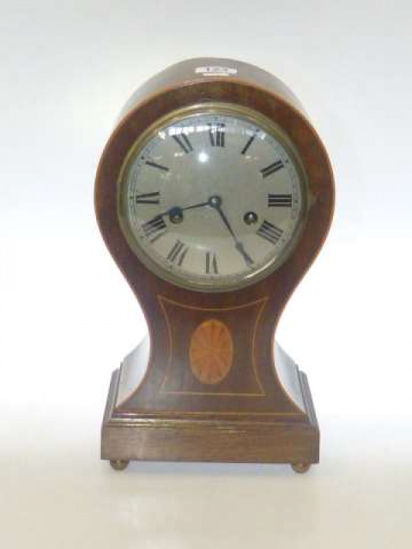 Edwardian inlaid mahogany balloon mantel clock