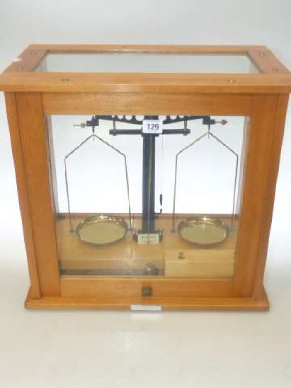 Philip Harris Ltd balance scales and weights in glazed case