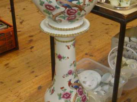 Pair of Famille Rose design jardiniere's and stands, 98cm high