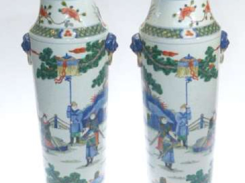 Pair of Chinese Famille Rose and figure decorated vases, 43cm high