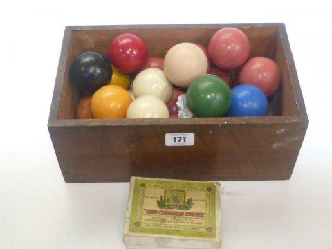 Eight Victorian ivory balls, Bakelite ball and box of billiard chalk