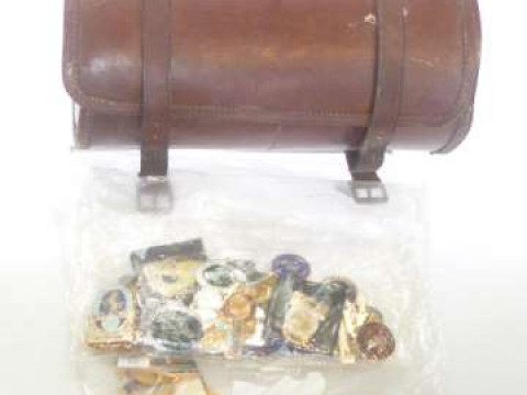 Cased pair of wood bowls, bowling and equestrian badges