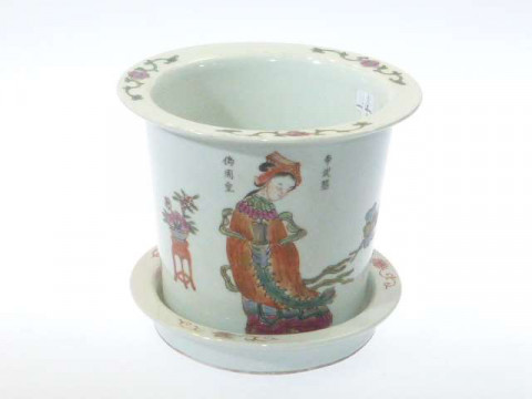 Chinese enamel decorated jardiniere and stand with figure decoration,...