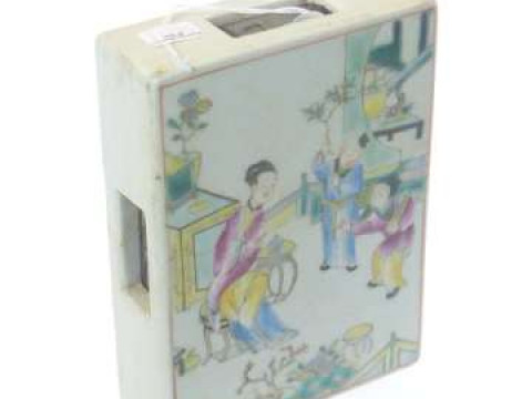 Chinese enamel decorated brick vase decorated with figures in interior...