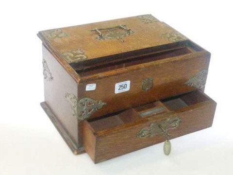 Oak brass bound stationery box with key
