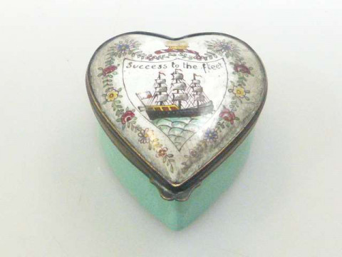 Enamel heart shaped patch box with image of three masted sailing ship...