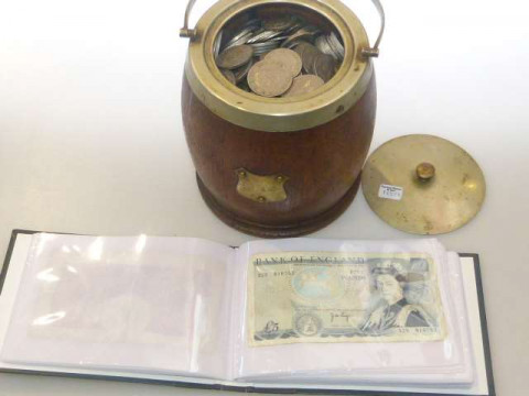 Collection of coins in oak biscuit barrel and album of bank notes