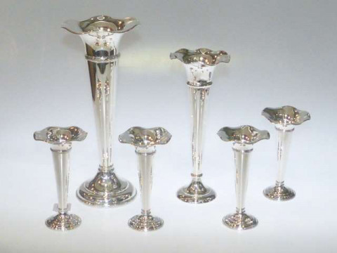Set of five Sheffield plate bud vases and similar vase (6)