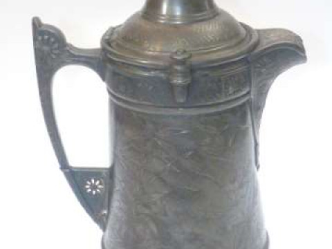 Large 19th Century engraved pewter chocolate pot with original pottery...