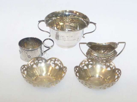 Silver two handled bowl, salt and small cup and two sterling silver bowls