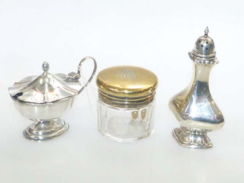 Silver lidded salt, silver pepperette and silver gilt topped jar